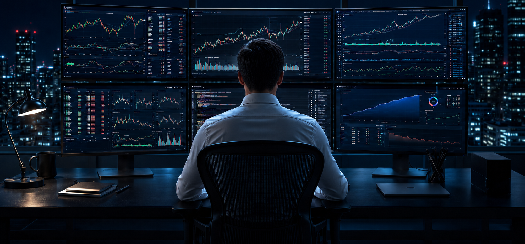 Futures trader at multi-monitor workstation